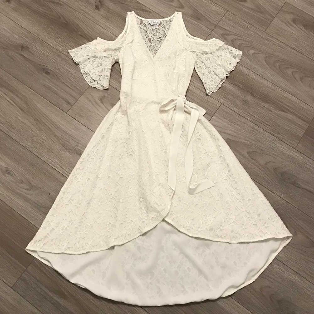 Bebe white lace wrap dress with cold shoulders, size M